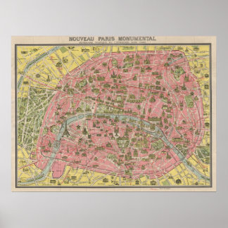 1920 Landschaftlich Sights Travel Map of Paris, Fr Poster