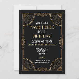 1920er Art Deco Geburtstags-Gatsby-Party Schwarz & Einladung