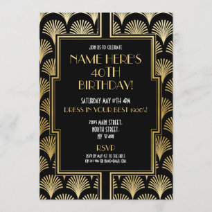 1920er Art Deco Geburtstags-Gatsby-Party Schwarz & Einladung