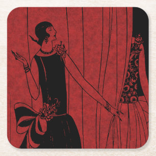 1920er Art Deco Mode Show Rot und Schwarz Rechteckiger Pappuntersetzer