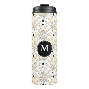 1920er Art Deco Taupe- und Weiß-Palmettos Monogr Thermosbecher