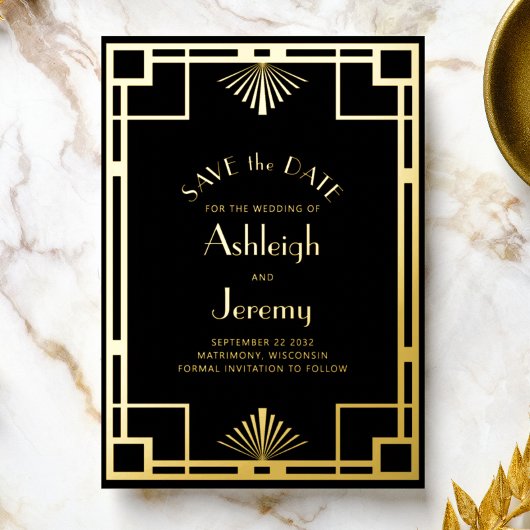 1920er Deco Schwarz Gold Hochzeit Save the Date Folieneinladung