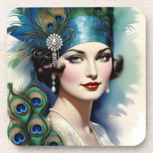1920er Flapper Girl Pfauen-Set Untersetzer