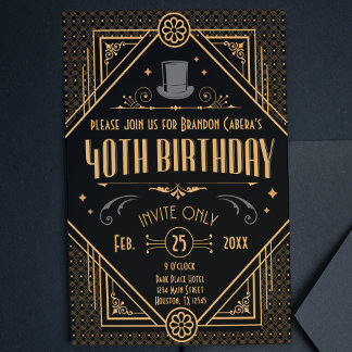 1920er Jahre Art Deco Black & Gold 40th Birthday P Einladung