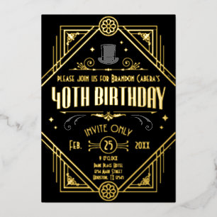 1920er Jahre Art Deco Black & Gold 40th Birthday P Folieneinladung