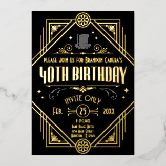 1920er Jahre Art Deco Black & Gold 40th Birthday P Folieneinladung
