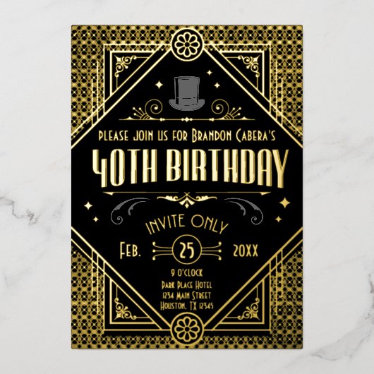 1920er Jahre Art Deco Black & Gold 40th Birthday P Folieneinladung (Vorderseite)