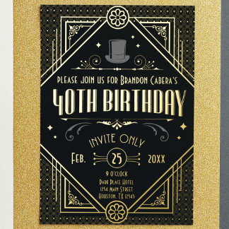 1920er Jahre Art Deco Black & Gold 40th Birthday P Folieneinladung