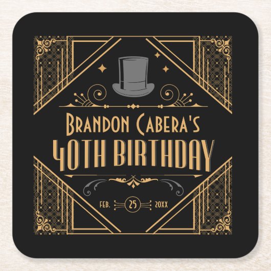 1920er Jahre Art Deco Black & Gold 40th Birthday P Rechteckiger Pappuntersetzer (Vorderseite)