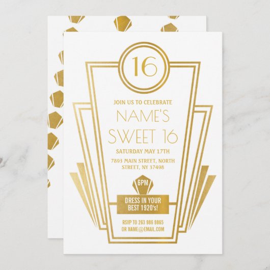 1920er Sweet 16 Birthday Party Art Deco Gatsby Gol Einladung (Vorne/Hinten)