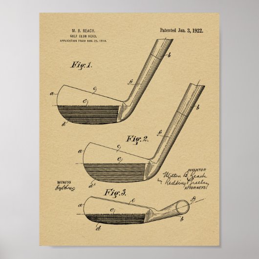 1922 Golfschlägerkopf-Design-Patent Kunstprint Poster (Vorne)