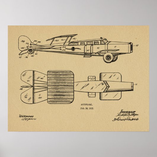 1923 Autoplane Autoplane Patent Art Zeichnend Prin Poster (Vorne)