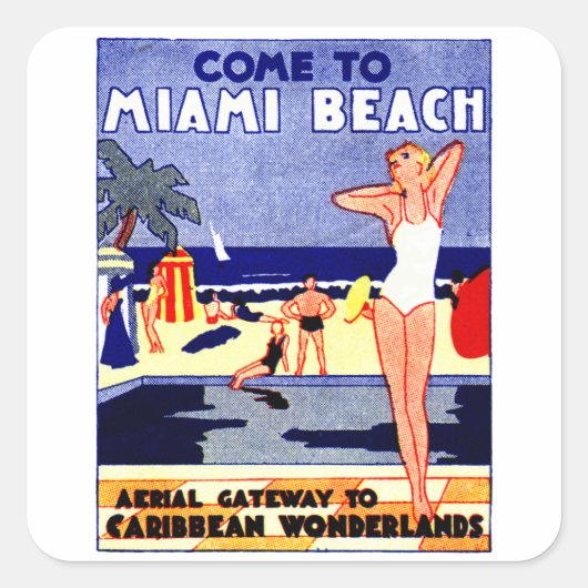 1925 Miami Beach Travel Poster Quadratischer Aufkleber (Vorderseite)