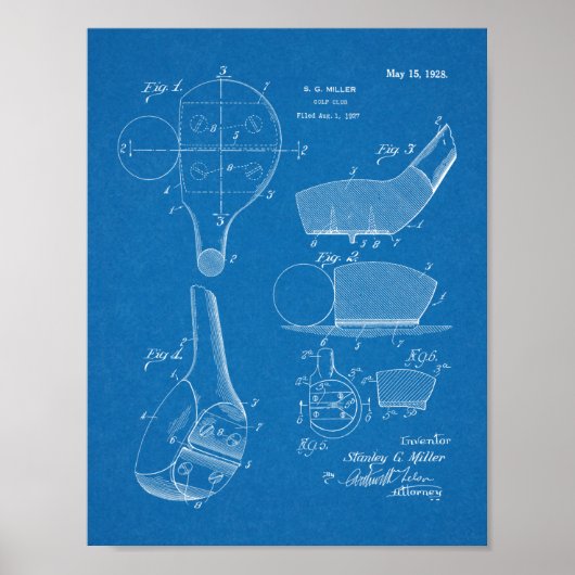 1928 Golf Club Head Patent Art Zeichnend Print Poster (Vorne)