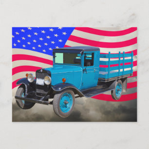 1929 Chevy 1 Ton Lastwagen und amerikanische Flagg Postkarte