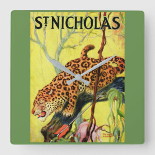 1929 St. Nicholas magazine cover leopard Quadratische Wanduhr