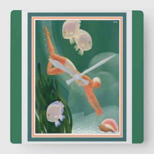 1930 Art Déco Swimmer/Resort und Wall Clock Quadratische Wanduhr