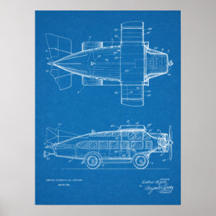 1930 Flugauto-Flugzeug-Patentkunstzeichnung Druck Poster