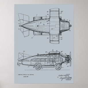 1930 Flugauto-Flugzeug-Patentkunstzeichnung Druck Poster