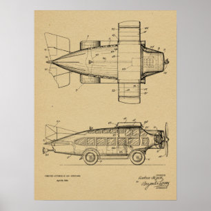 1930 Flugauto-Flugzeug-Patentkunstzeichnung Druck Poster