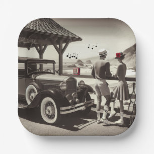 1930 Vintage Auto Paar Schwarz-Weiß-Papier-Serviet Pappteller