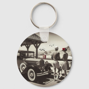 1930 Vintage Auto Paar Schwarz-Weiß-Papier-Serviet Schlüsselanhänger