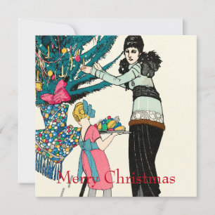 1930 Vintage-Frau schmückt Weihnachtsbaum Karte