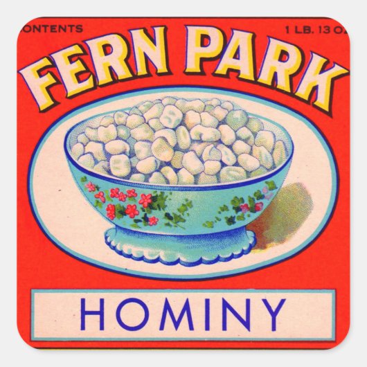1930er Fern Park hominy Grits Label print Quadratischer Aufkleber (Vorderseite)