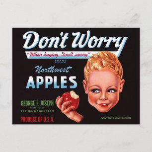 1930er Jahre Don’t Worry Marken-Äpfel Obstkisten-E Postkarte