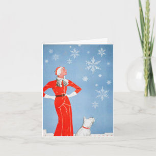 1930er Jahre Vintage-Frau & Westie-Hund Weihnachte Karte
