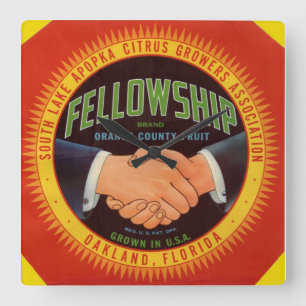 1930s Fellowship Orange County Citrus label Quadratische Wanduhr