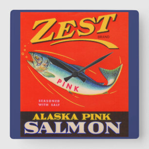 1930s Zest pink salmon can label Quadratische Wanduhr