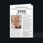 1936 Newspaper Birthday card 90th birthday Karte<br><div class="desc">Say happy birthday to someone born in 1936 with this unique Newspaper style birthday card, including a photo of the recipient and a collection of fun facts and world news from the year of their birth. Designed to resemble a vintage newspaper in classic black and white style. A cute and...</div>