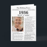 1936 Newspaper Birthday card 90th birthday Karte<br><div class="desc">Say happy birthday to someone born in 1936 with this unique Newspaper style birthday card, including a photo of the recipient and a collection of fun facts and world news from the year of their birth. Designed to resemble a vintage newspaper in classic black and white style. A cute and...</div>