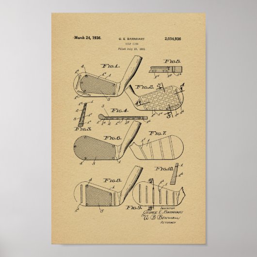 1936 Vintager Golfclub Patentschrift Art Printing Poster (Vorne)