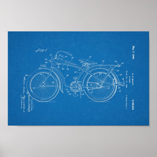 1936 Vintages Fahrrad Patent Blueprint Art Print Poster (Vorne)