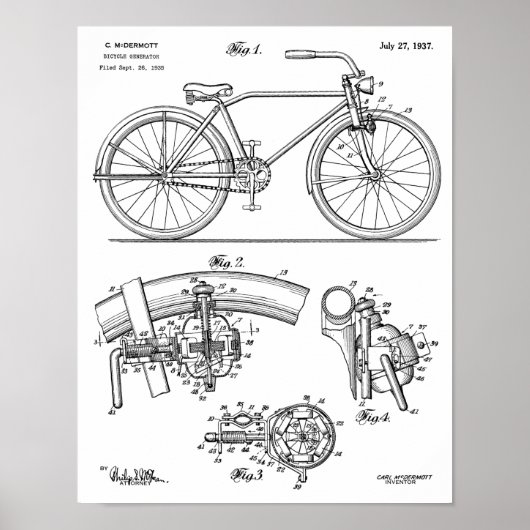 1937 Bicycle Generator Design Patent Art Print Poster (Vorne)