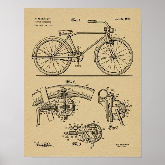 1937 Bicycle Generator Design Patent Art Print Poster (Vorne)