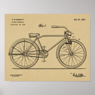 1937 Bicycle Headlamp Design Patent Art Print Poster