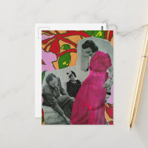 1939 Hot Pink Pyjama-Dame Mixed Media Collage Postkarte