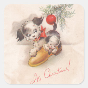 1940er Jahre Vintag ihre Weihnachtswelpen Quadratischer Aufkleber