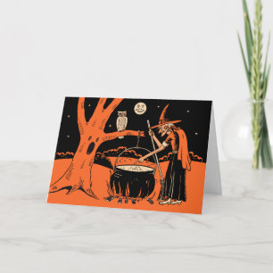 1940er Jahre Vintage Halloween Hexe mit Kessel Karte