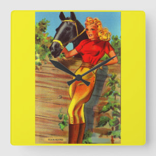 1940s pin-up gal and horse quadratische wanduhr