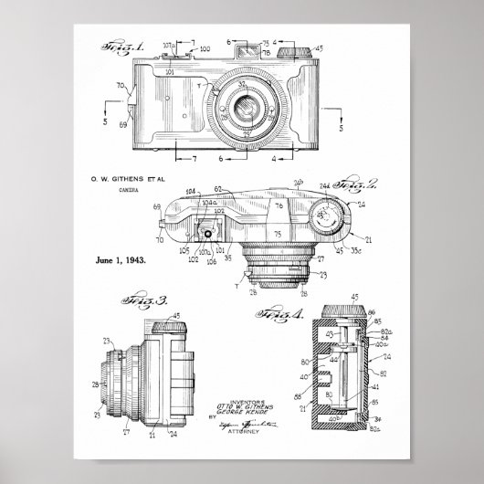1943 Vintage Kamera - Patentkunst Zeichnend Print Poster (Vorne)