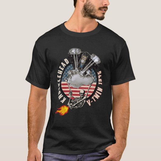 1945 HD Knucklehead VTwin Flame Farting Motorrad T-Shirt (Vorderseite)
