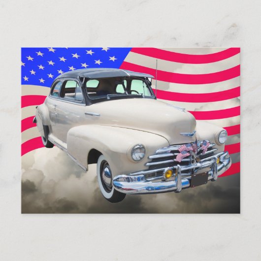 1948 Chevrolet Fleetmaster und amerikanische Flagg Postkarte (Vorderseite)