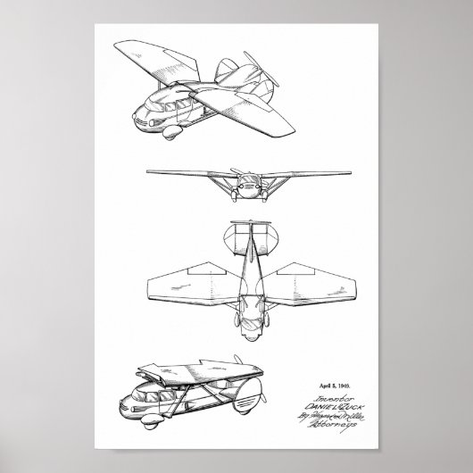 1949 Flying Car Airplane Patent Art Zeichnend Prin Poster (Vorne)