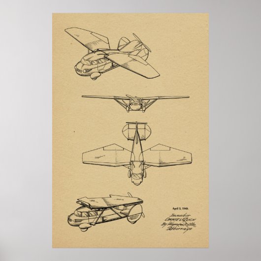 1949 Flying Car Airplane Patent Art Zeichnend Prin Poster (Vorne)