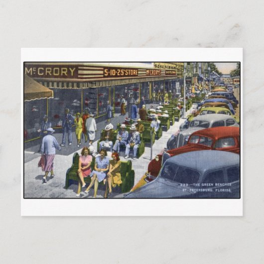 1949 St. Petersburg Florida "Die grünen Bänke" Postkarte (Vorderseite)
