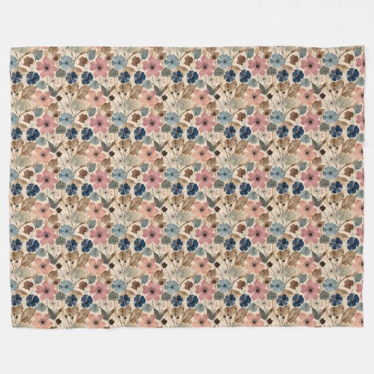 1950 Blume in Dusty Pink, Blau Fleecedecke (Vorderseite (Horizontal))